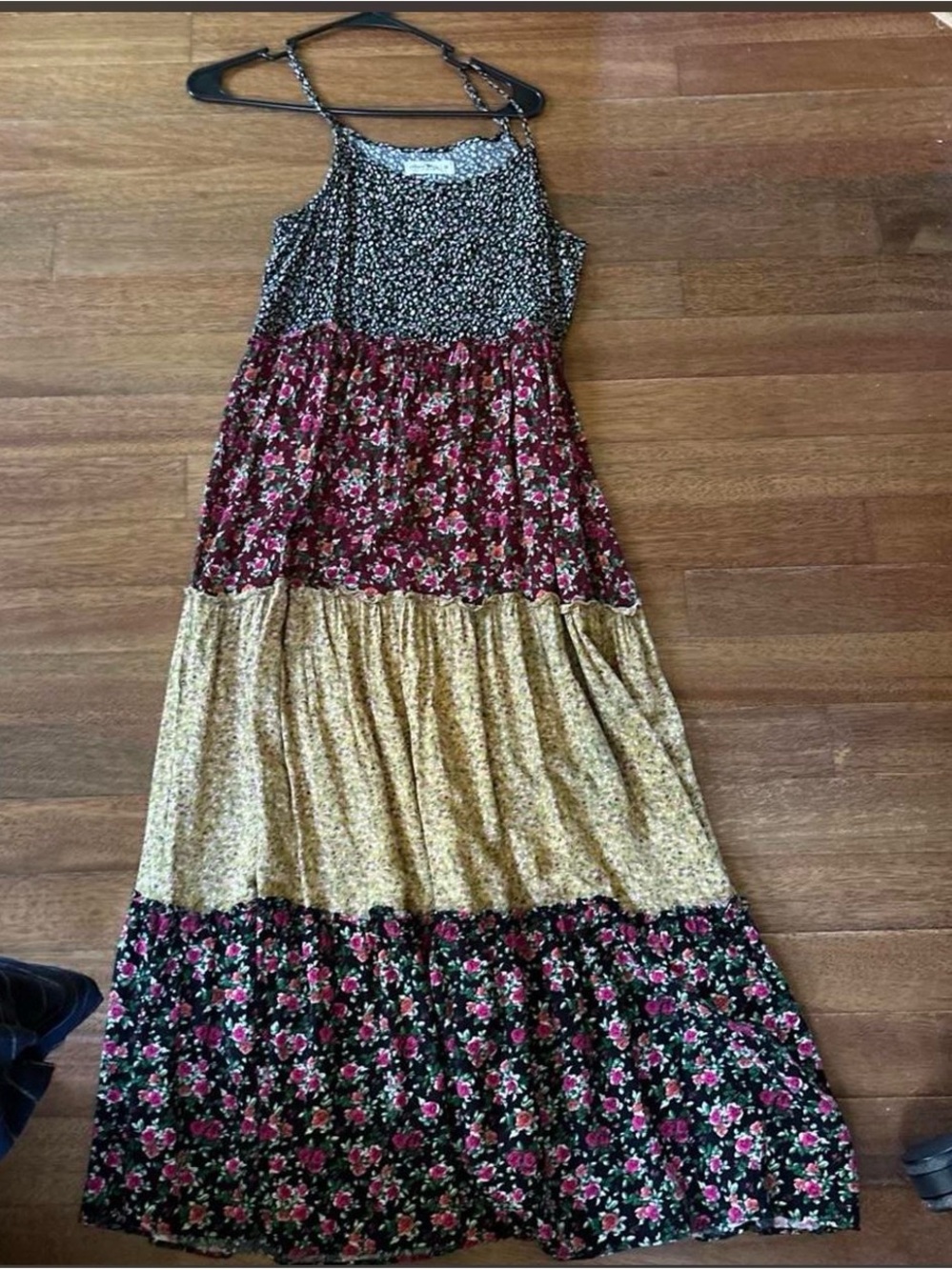 NATURAL LIFE Floral Tiered Maxi Dress in Black, Burgundy & Mustard